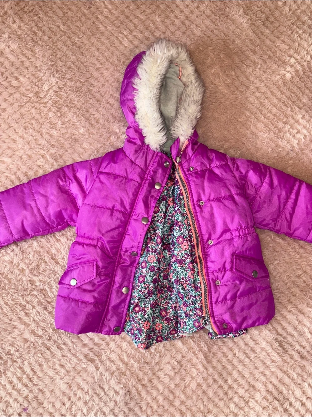 Girls' Bright Purple Faux-Fur Hooded Puffer Jacket